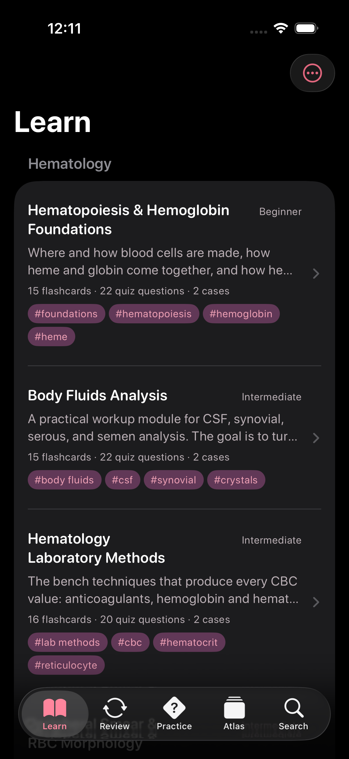 ViviCell Learn screen: list of hematology and coagulation modules to study