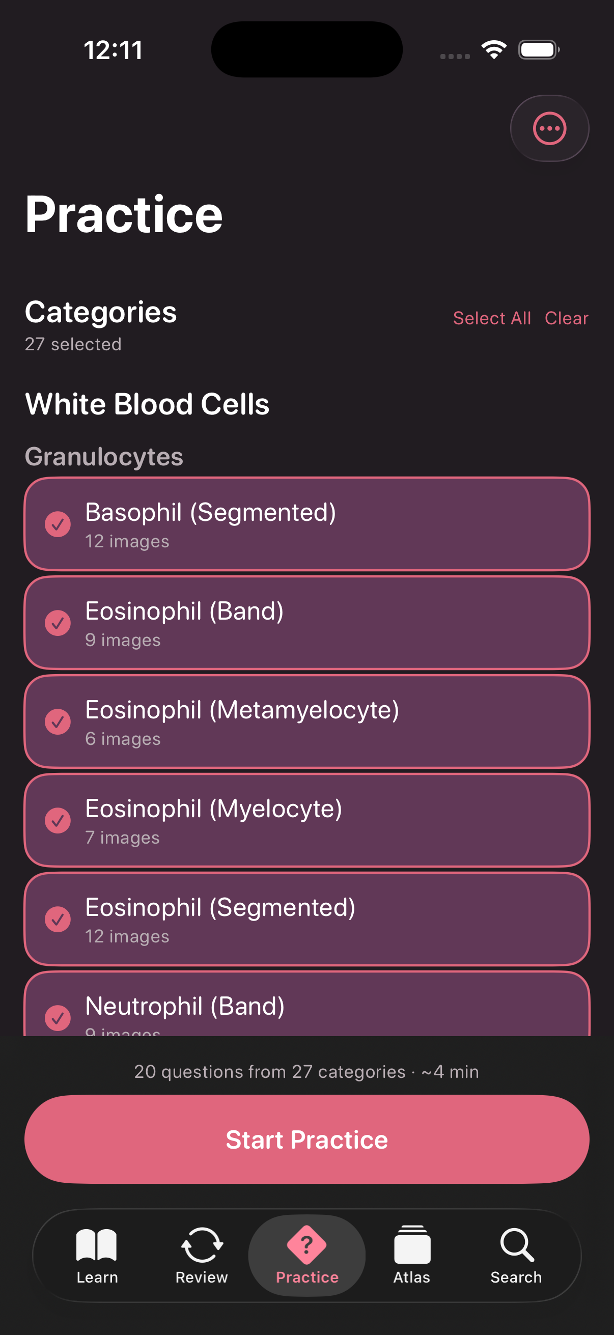 ViviCell Practice screen: a peripheral smear photo with multiple-choice cell identification choices