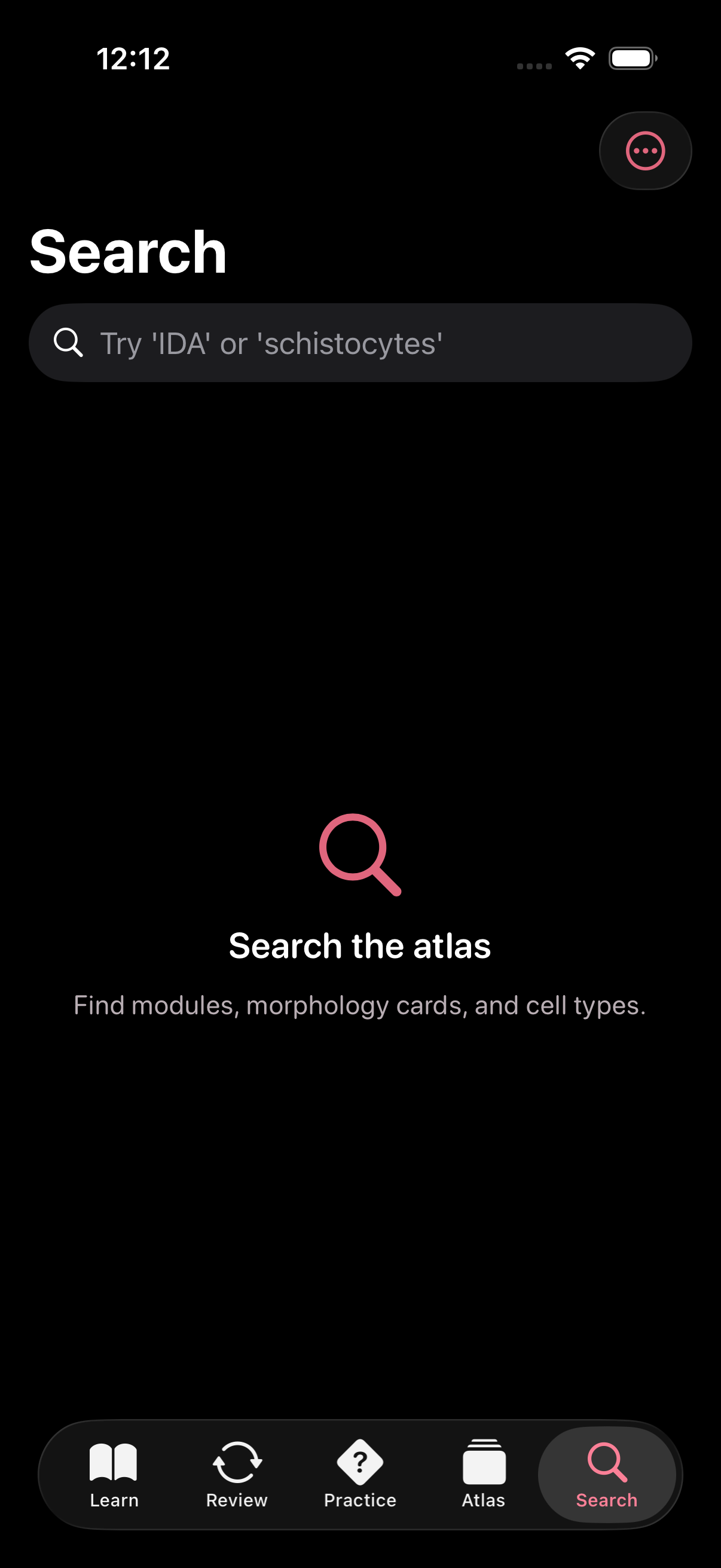ViviCell Search screen: a search input with results across flashcards, morphology cards, and cell categories